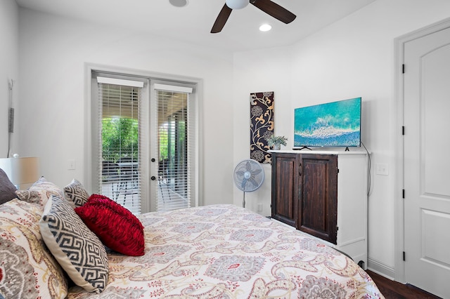 bedroom featuring french doors, ceiling fan, access to outside, and hardwood / wood-style floors