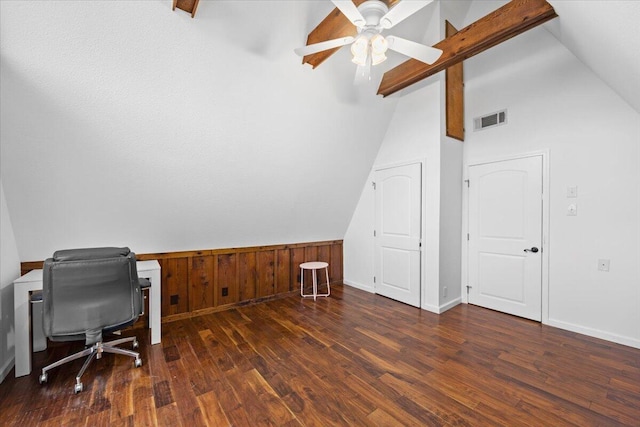 home office with lofted ceiling with beams, ceiling fan, wooden walls, and dark hardwood / wood-style floors