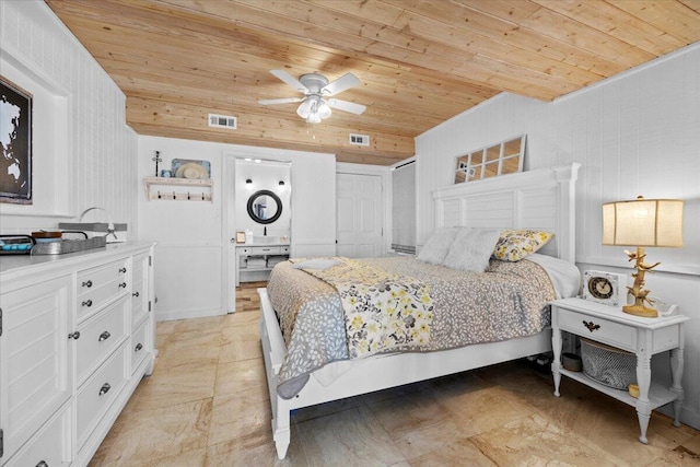 bedroom with wood ceiling, ceiling fan, and ensuite bathroom