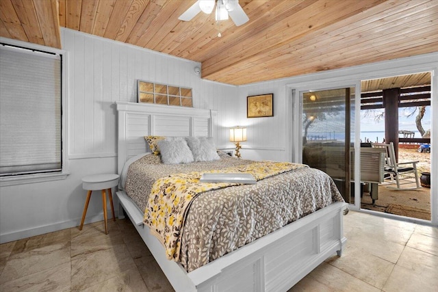 bedroom with ceiling fan, access to exterior, wood ceiling, and wood walls