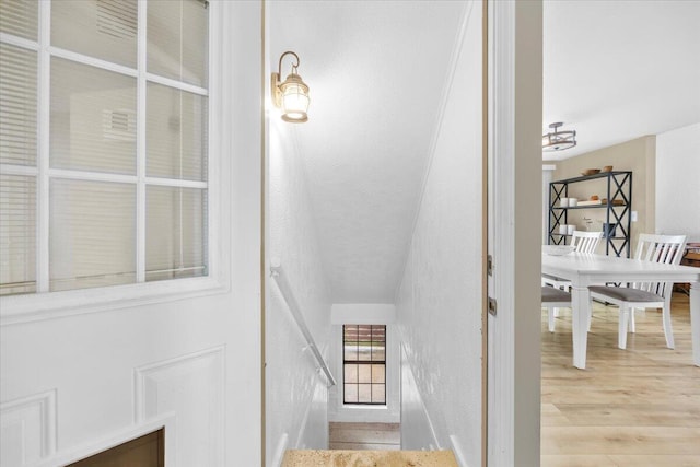 stairway with wood-type flooring