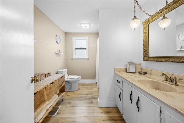 bathroom with vanity, hardwood / wood-style flooring, and toilet