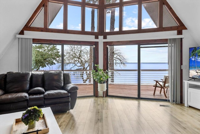 living room with light hardwood / wood-style flooring and high vaulted ceiling