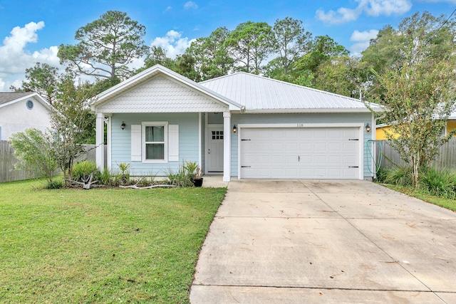 single story home featuring a front yard and a garage