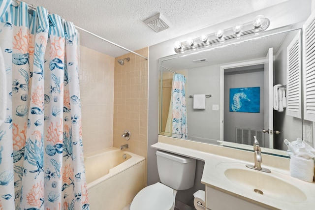 full bathroom with toilet, shower / tub combo, vanity, and a textured ceiling