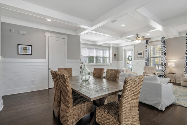 dining room featuring beam ceiling, plenty of natural light, and dark hardwood / wood-style floors