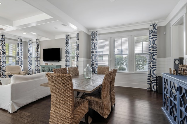 dining area with beam ceiling, coffered ceiling, and dark hardwood / wood-style flooring