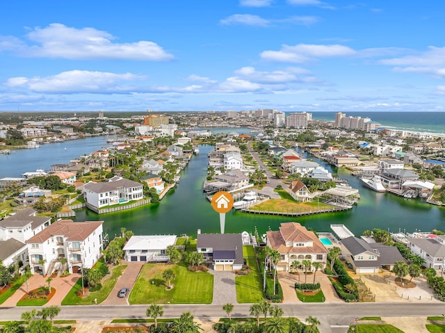 drone / aerial view featuring a water view