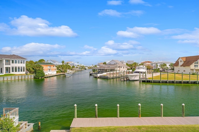 view of water feature with a dock