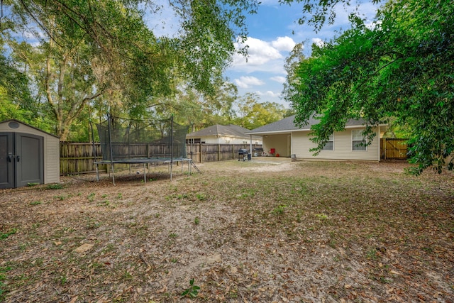 view of yard featuring a storage shed and a trampoline