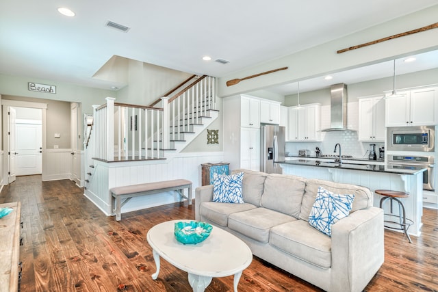 living room with dark wood-type flooring