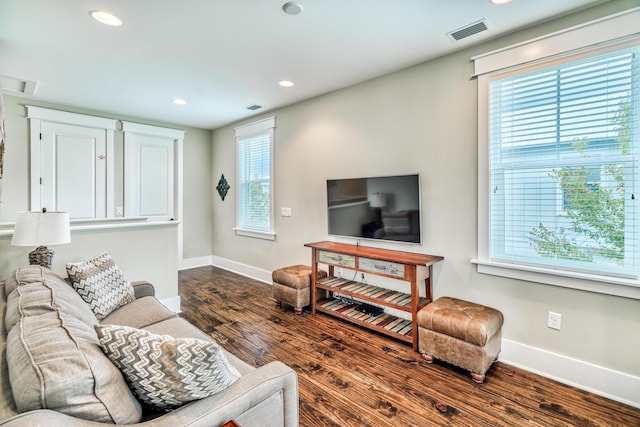 living room featuring plenty of natural light and dark hardwood / wood-style flooring