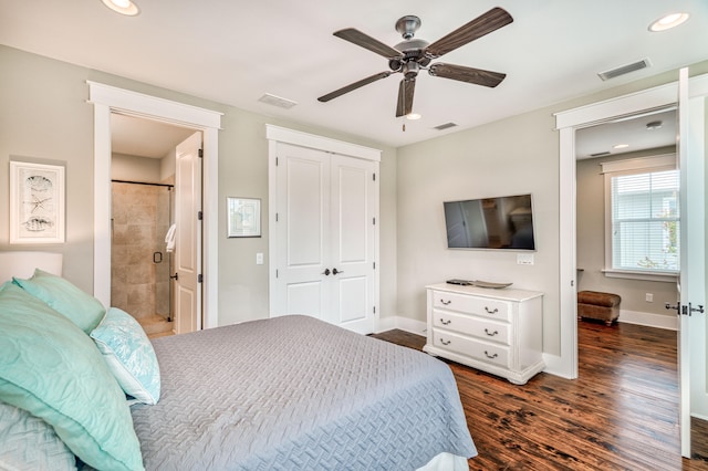 bedroom featuring a closet, dark wood-type flooring, and ceiling fan