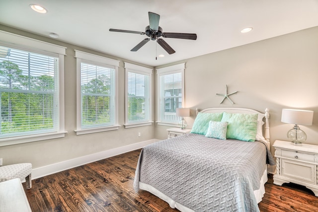 bedroom featuring ceiling fan, multiple windows, and dark hardwood / wood-style floors