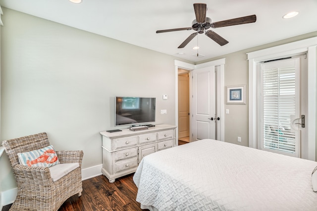 bedroom featuring dark wood-type flooring and ceiling fan