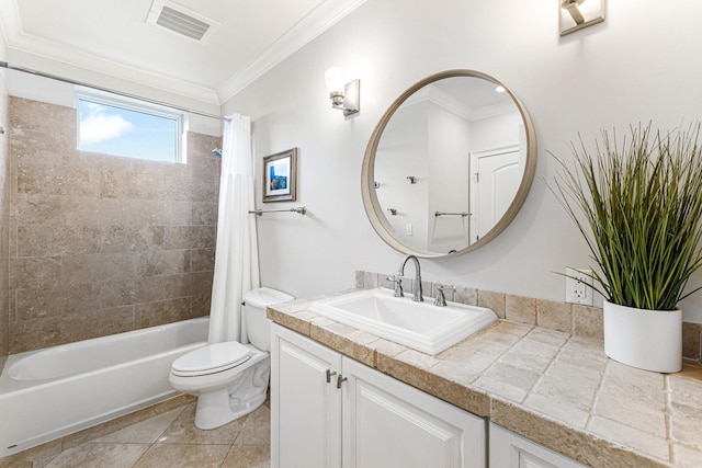 full bathroom with tile patterned floors, crown molding, toilet, vanity, and shower / tub combo