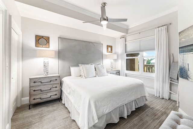 bedroom with ceiling fan and ornamental molding