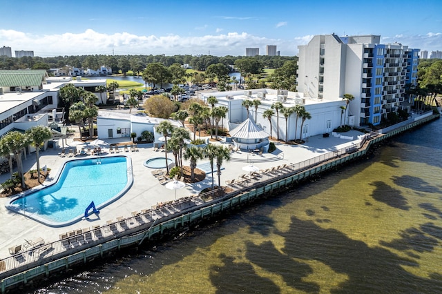 drone / aerial view with a water view