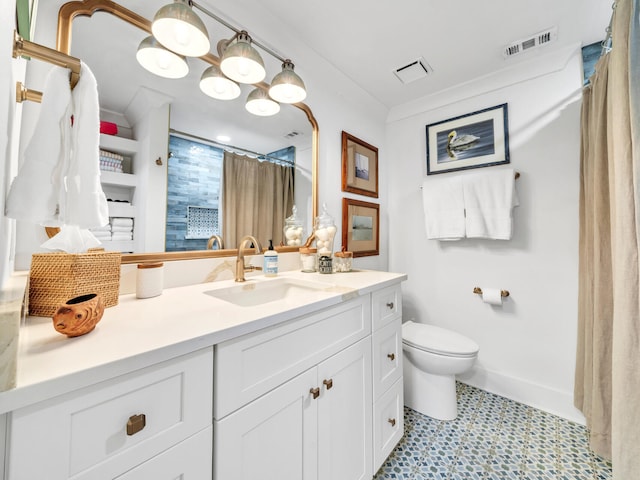 bathroom with vanity, tile patterned floors, toilet, and a shower with shower curtain