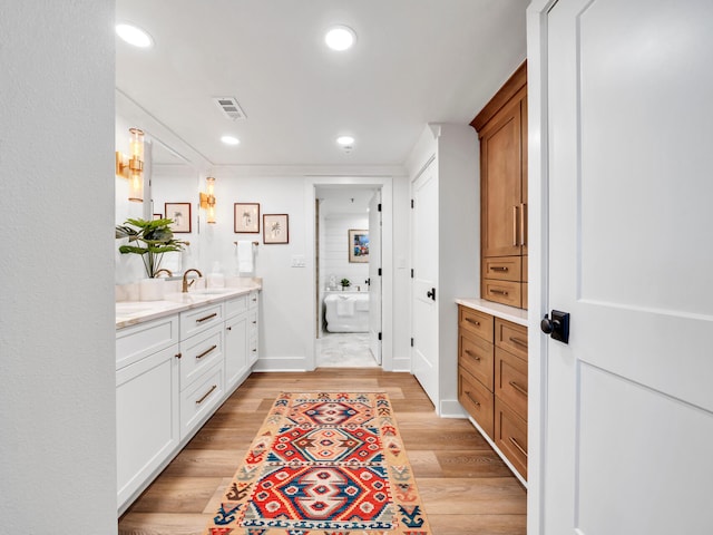 bathroom with wood-type flooring and vanity