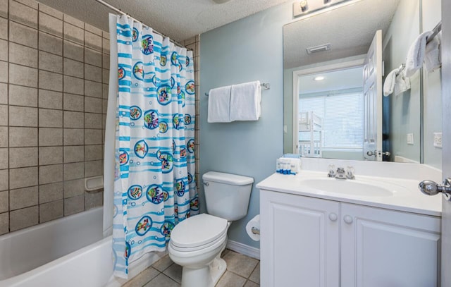 full bathroom with shower / bath combination with curtain, a textured ceiling, vanity, tile patterned floors, and toilet