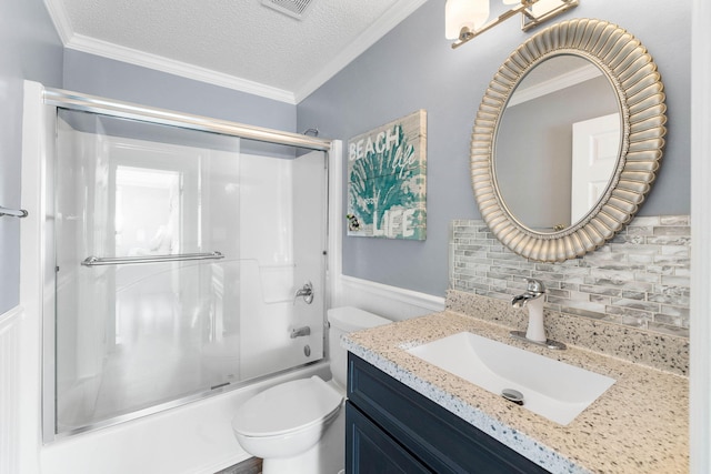 full bathroom with enclosed tub / shower combo, a textured ceiling, backsplash, and ornamental molding