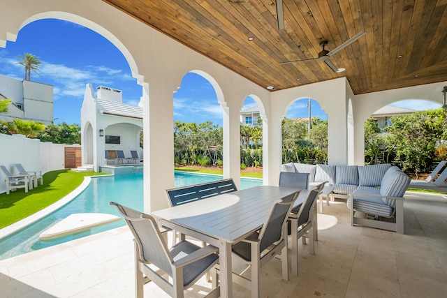 view of patio with a fenced in pool and outdoor lounge area