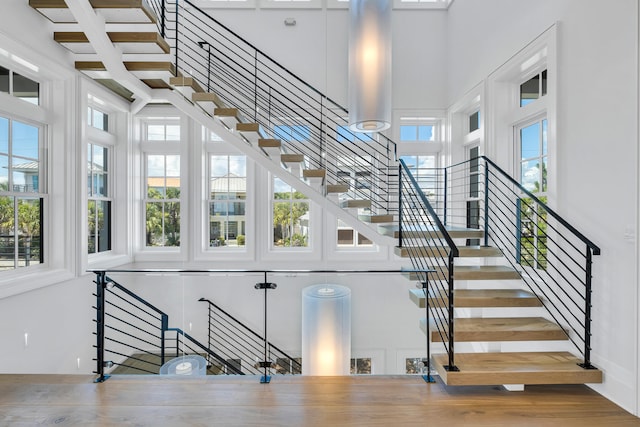 stairway featuring a high ceiling and plenty of natural light