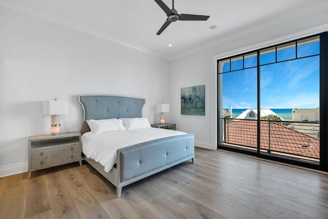 bedroom with ornamental molding, access to exterior, light hardwood / wood-style floors, and ceiling fan