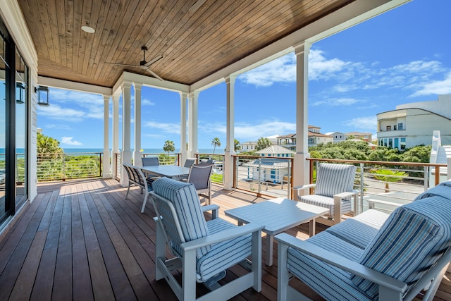 sunroom / solarium featuring ceiling fan and wooden ceiling