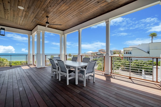 deck with a water view and ceiling fan