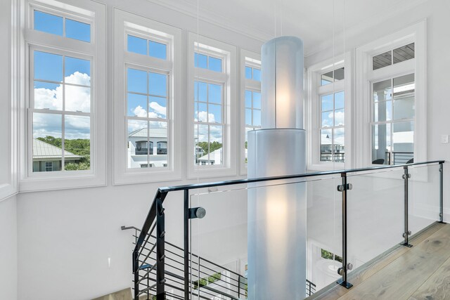 stairs featuring hardwood / wood-style floors