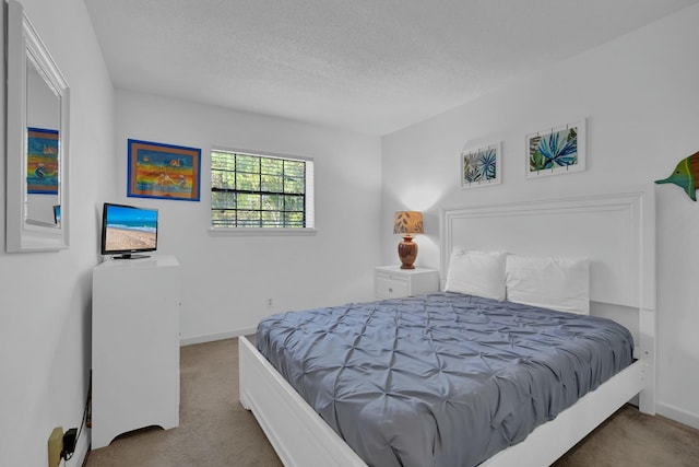 carpeted bedroom with a textured ceiling