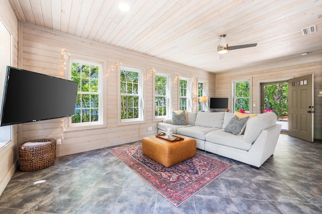 living room featuring wooden ceiling, wooden walls, and ceiling fan