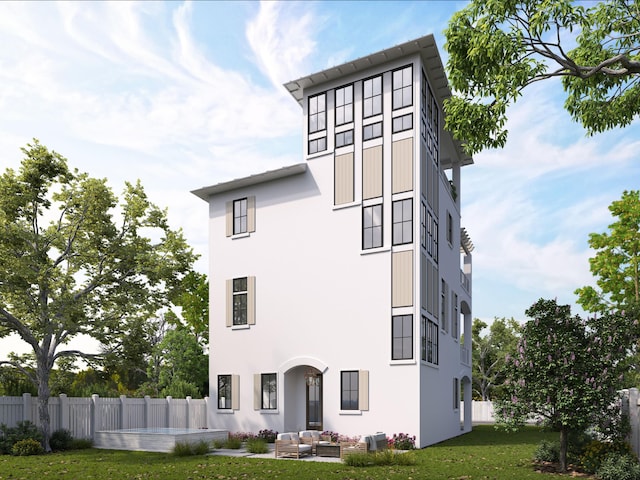 view of front of property featuring central air condition unit, outdoor lounge area, and a front yard