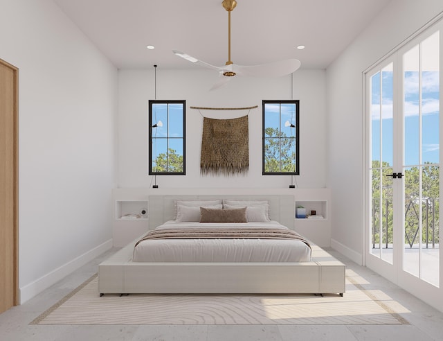 bedroom with access to exterior, multiple windows, and ceiling fan