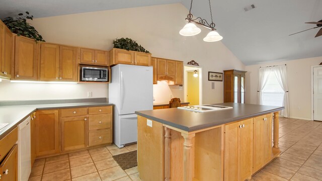 kitchen with a center island, high vaulted ceiling, ceiling fan, light tile patterned flooring, and white appliances