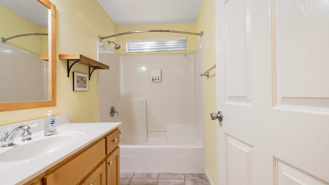 bathroom with vanity, tile patterned flooring, and  shower combination