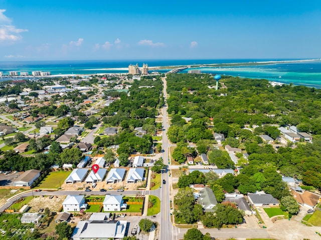 drone / aerial view featuring a water view