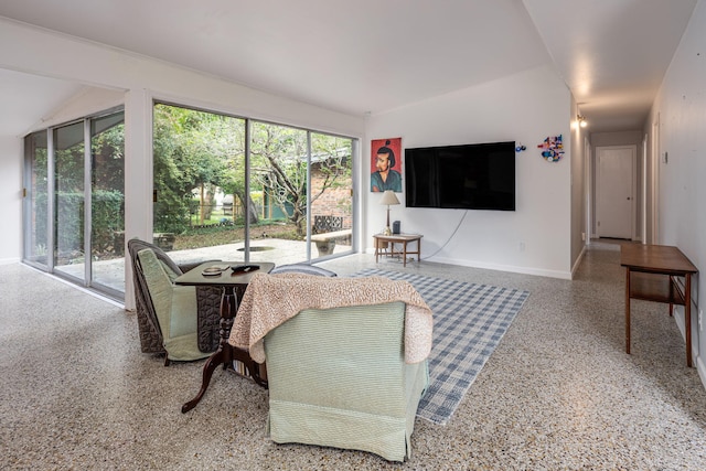 living room featuring lofted ceiling