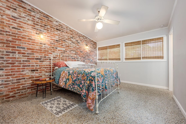 unfurnished bedroom with ceiling fan, crown molding, and brick wall