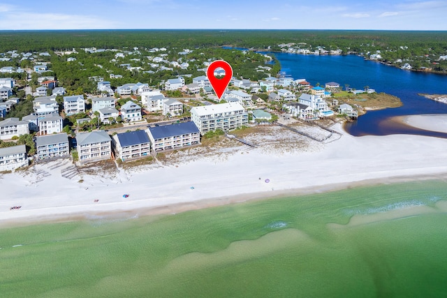 bird's eye view with a view of the beach and a water view