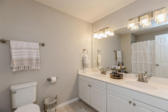 bathroom with toilet, vanity, and tile patterned flooring