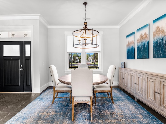 dining area with a chandelier and crown molding