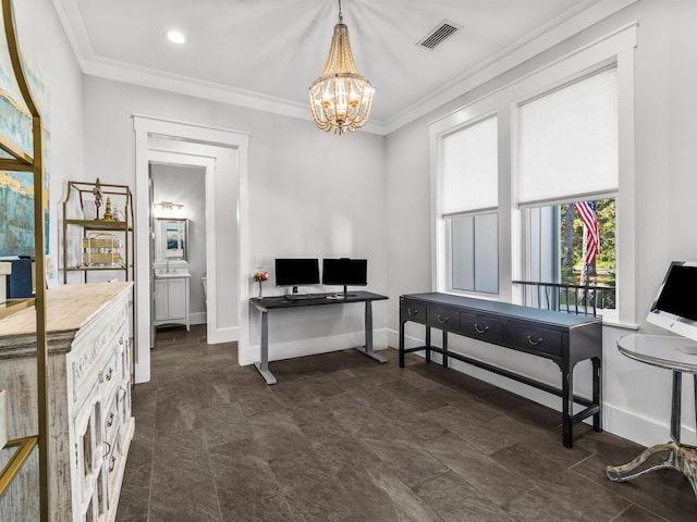 office area with crown molding and a notable chandelier