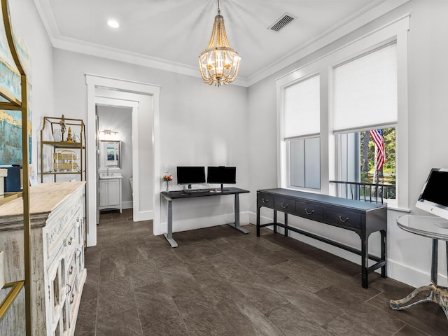 968 Don Bishop Rd, Santa Rosa Beach, FL 32459 - office with a chandelier, ornamental molding, baseboards, and recessed lighting