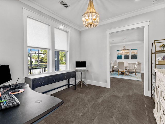 office space featuring crown molding and a notable chandelier