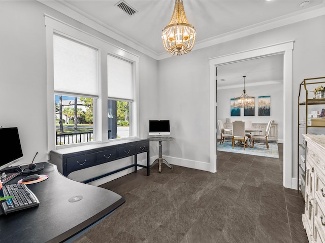 968 Don Bishop Rd, Santa Rosa Beach, FL 32459 - office with a chandelier, crown molding, baseboards, and dark tile patterned flooring