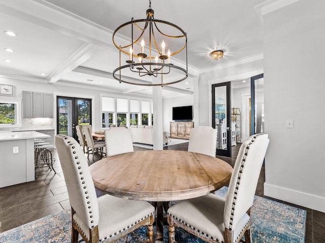 dining area with beamed ceiling, french doors, a notable chandelier, and crown molding