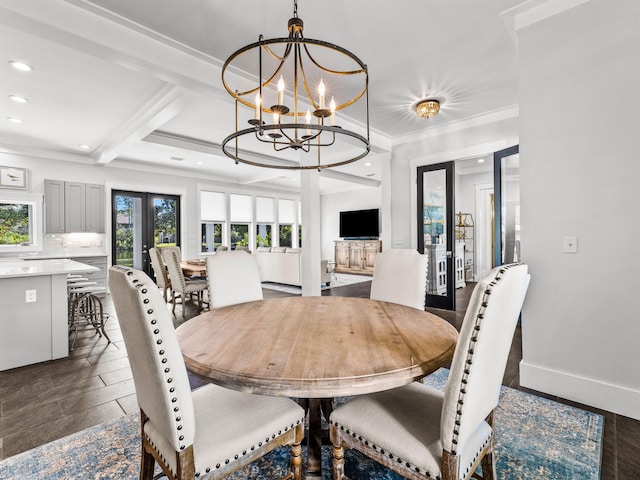 968 Don Bishop Rd, Santa Rosa Beach, FL 32459 - dining area featuring recessed lighting, a chandelier, crown molding, baseboards, and french doors